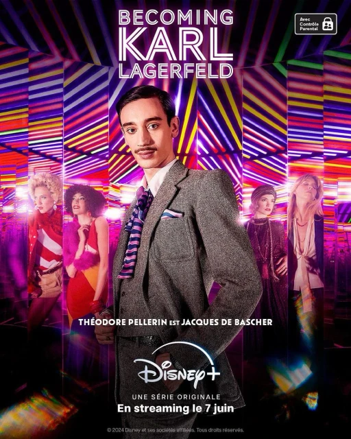 The poster for 'Becoming Karl Lagerfeld' features a male actor in a tweed suit and a group of fashionably dressed people with neon lights.
