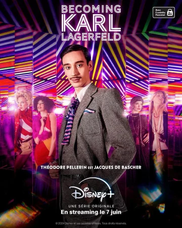 The poster for 'Becoming Karl Lagerfeld' features a male actor in a tweed suit and a group of fashionably dressed people with neon lights.