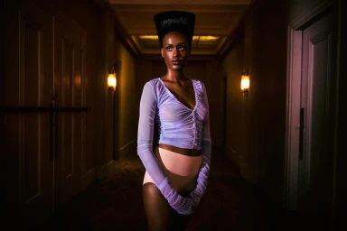 Black woman in a lavender mesh top and tall dark sculptural hairstyle standing in a dim hotel hallway