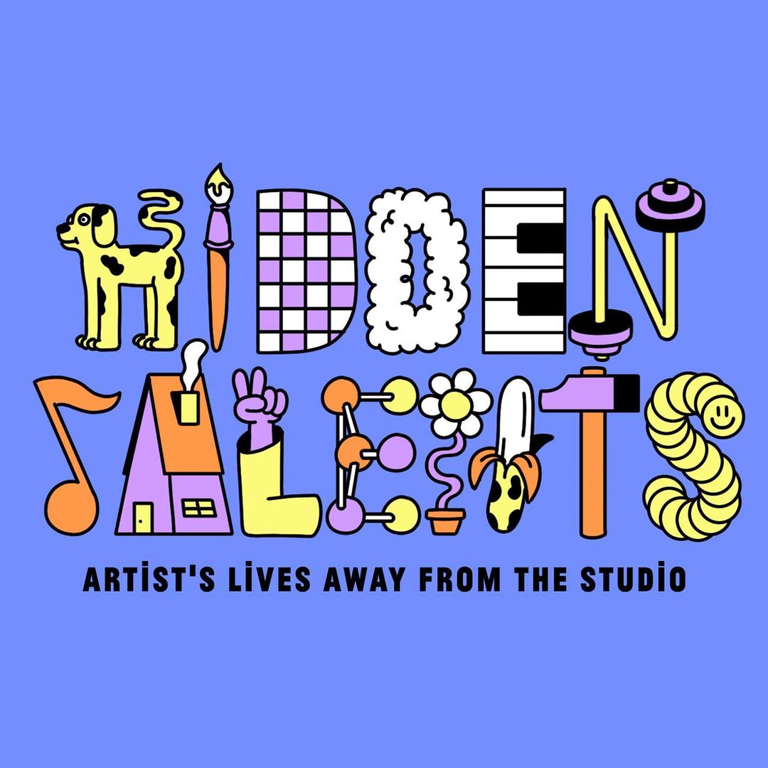 Colourful graphic art with dog, paintbrush, house, musical note, hand, banana, piano keys, and text spelling HIDDEN TALENTS.