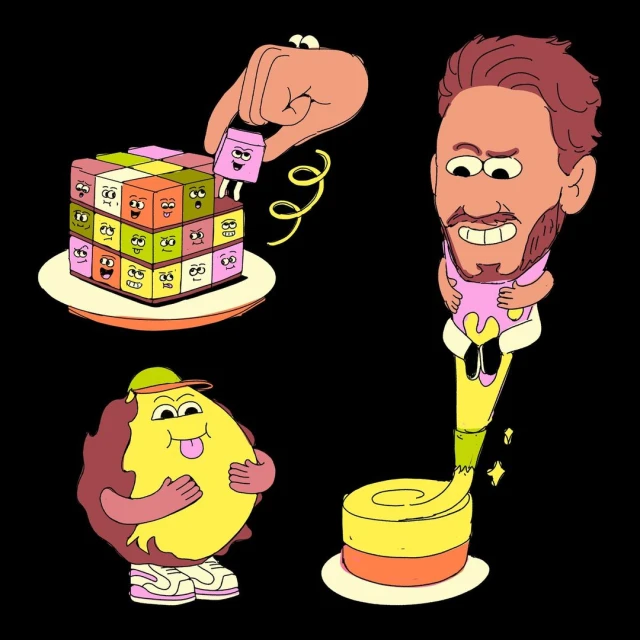 Cartoon art featuring an animated human head, a blocky character being added to a face-covered cube, and an egg-shaped cartoon character.