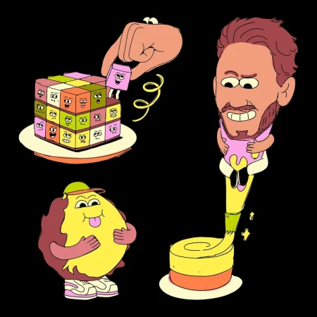 Cartoon art featuring an animated human head, a blocky character being added to a face-covered cube, and an egg-shaped cartoon character.