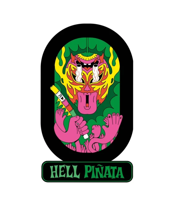 Colorful cartoon graphic art in black rounded rectangle featuring a monster-like figure and the text “HELL PIÑATA” in green.