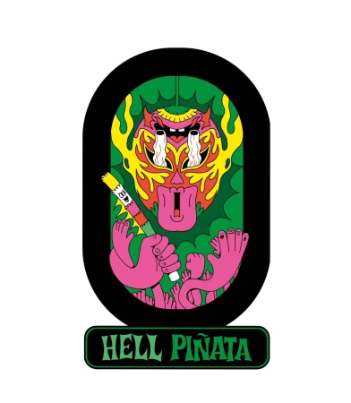 Colorful cartoon graphic art in black rounded rectangle featuring a monster-like figure and the text “HELL PIÑATA” in green.