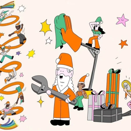 Whimsical cartoon illustration: Santa Claus with a wrench, elves on a ribbon and lamp, gifts, set against a light peach background.