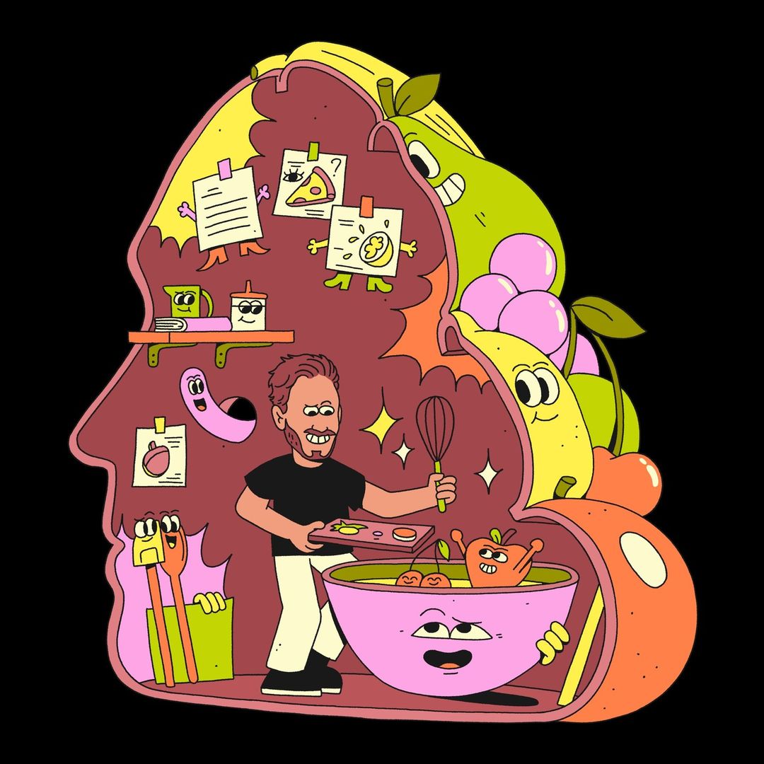 Illustration of a man baking inside a head shape, surrounded by fruit and whimsical characters with a dark background.
