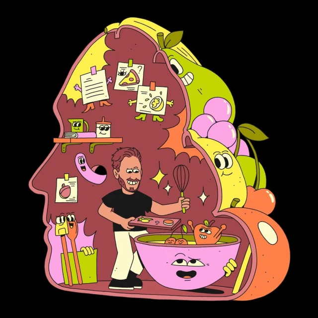 Illustration of a man baking inside a head shape, surrounded by fruit and whimsical characters with a dark background.