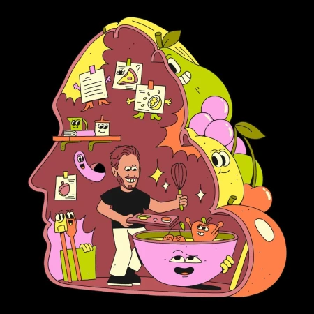 Illustration of a man baking inside a head shape, surrounded by fruit and whimsical characters with a dark background.