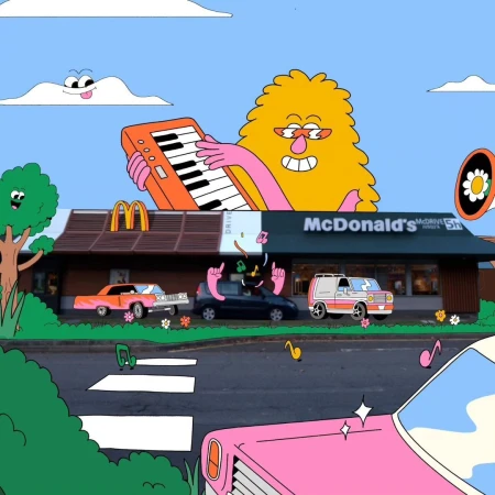 Playful cartoon illustration of a McDonald's restaurant with vintage cars, musical notes, keyboard, and a smiling furry character.