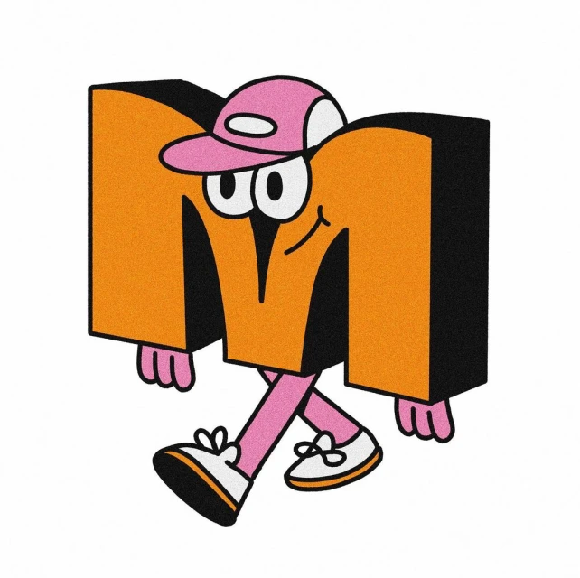 Cartoon-style illustration of an orange letter M character wearing a pink cap and white sneakers walking on a white background.