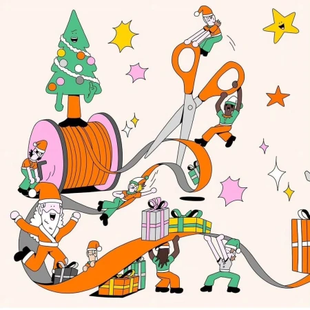 Festive illustration featuring Santa Claus and elves crafting gifts with ribbon, scissors, and spools, exuding a cheerful Christmas spirit.