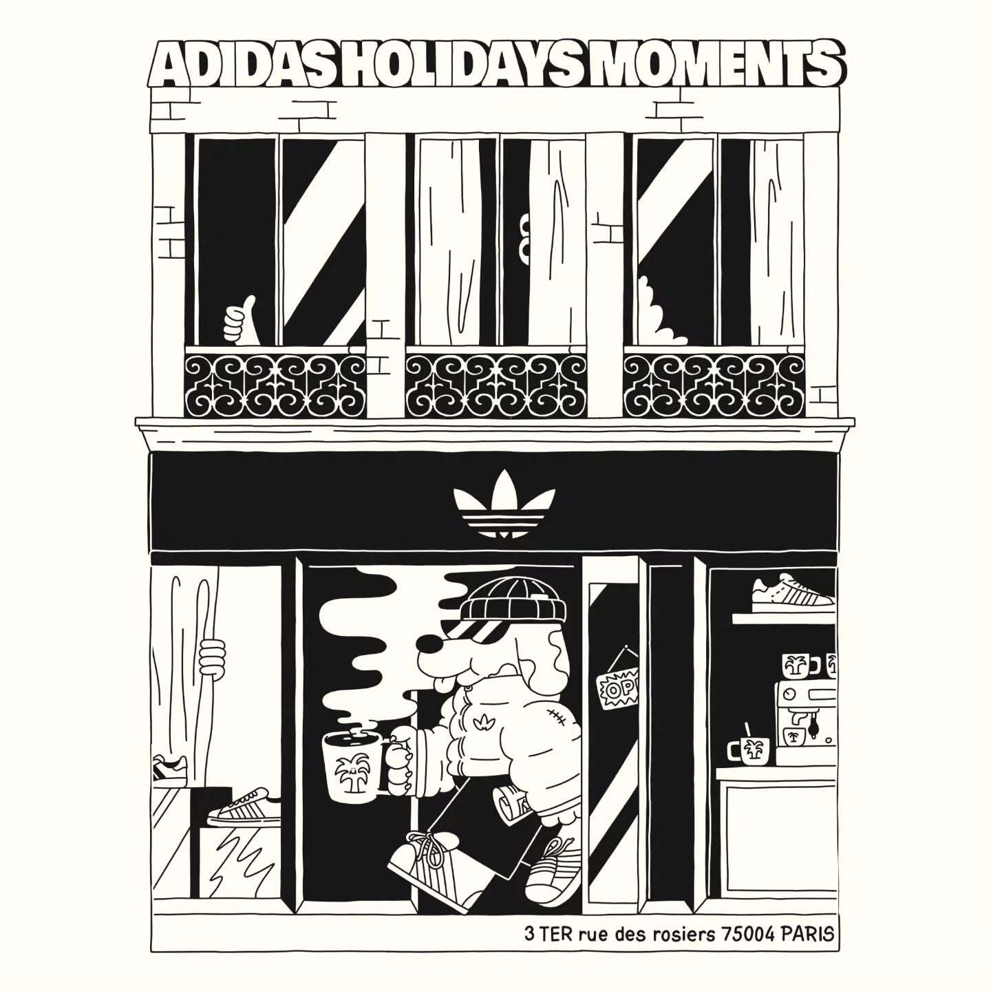 Illustration of Adidas store front with cartoon dog in hat, hoodie, shorts, and sneakers holding mugs of coffee in Paris.