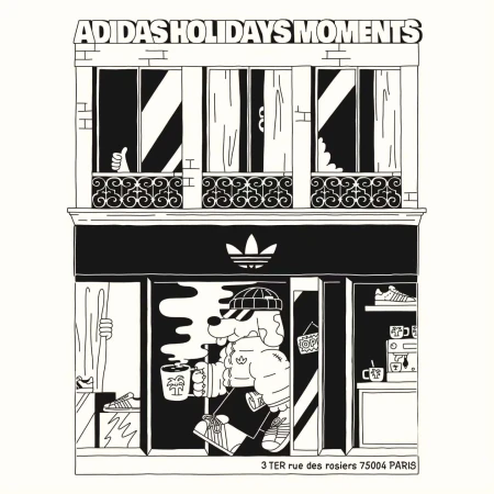 Illustration of Adidas store front with cartoon dog in hat, hoodie, shorts, and sneakers holding mugs of coffee in Paris.