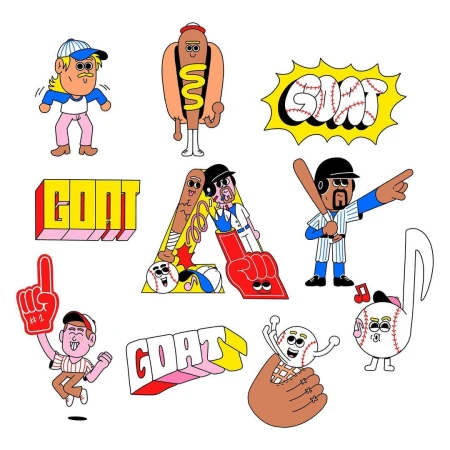 Illustration with baseball and baseball player cartoon characters; hot dog; a letter A; foam finger; and text reading, GOAT.