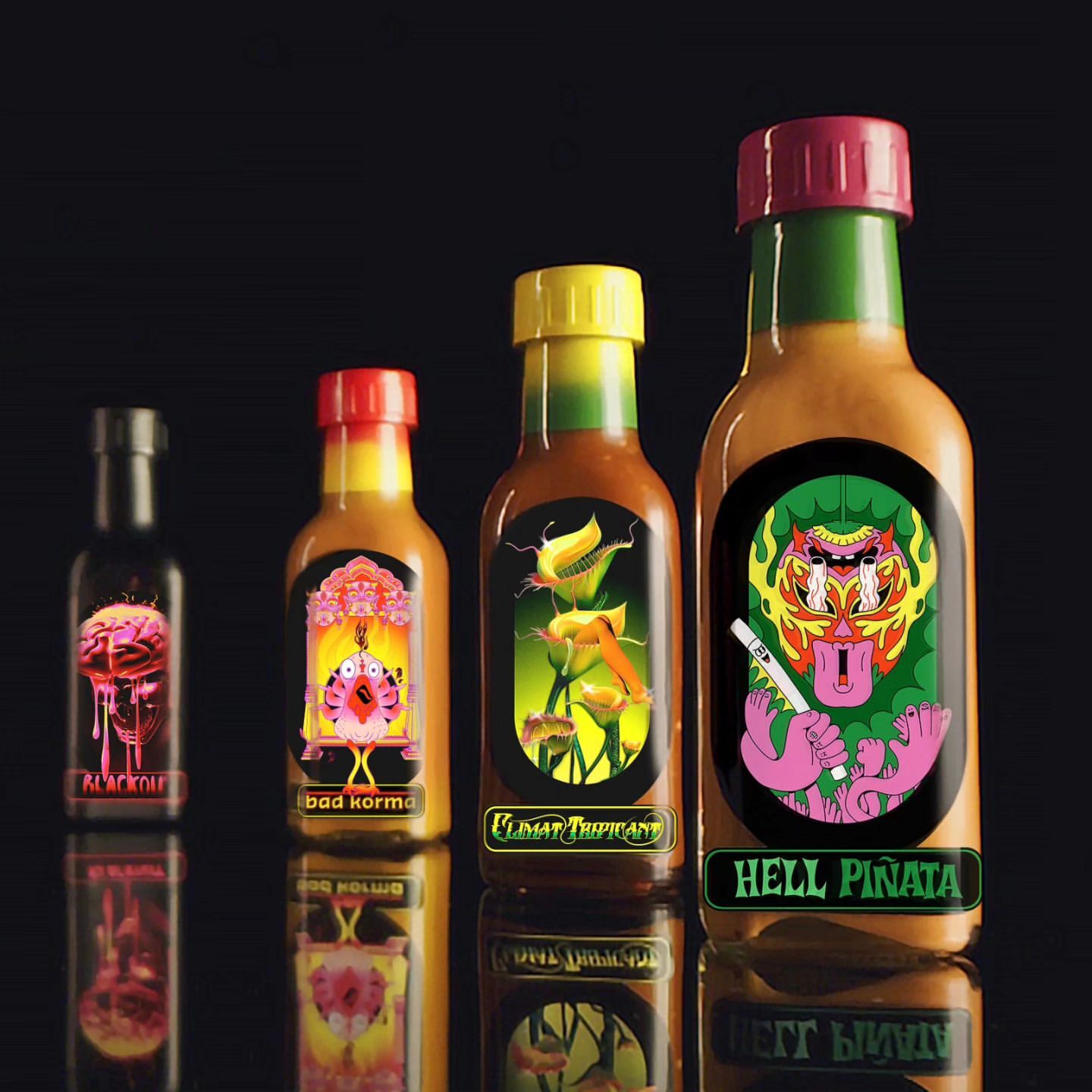 Four hot sauce bottles with illustrated labels sit in a row, reflecting on a glossy black surface against a dark background.