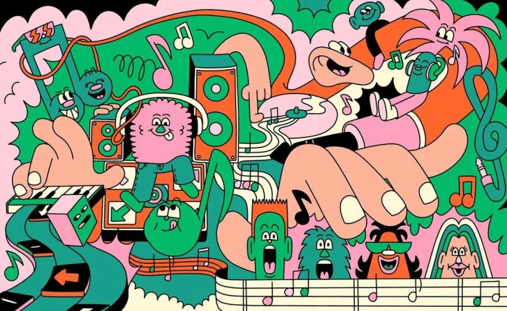 Animated illustration featuring a cartoon music band with colorful characters playing instruments against a vivid background with musical notes.