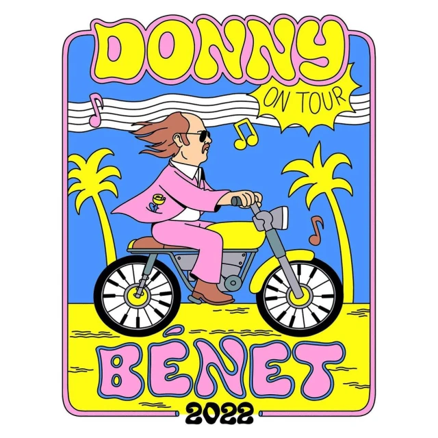 Illustration of a man with a mustache and sunglasses riding a yellow motorcycle between palm trees on a colorful tour poster.