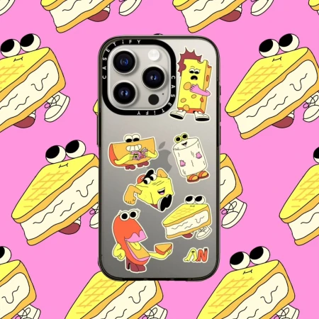 Close-up of an iPhone in a clear case with cartoon cheese character stickers, set against a pink background with cartoon slices.