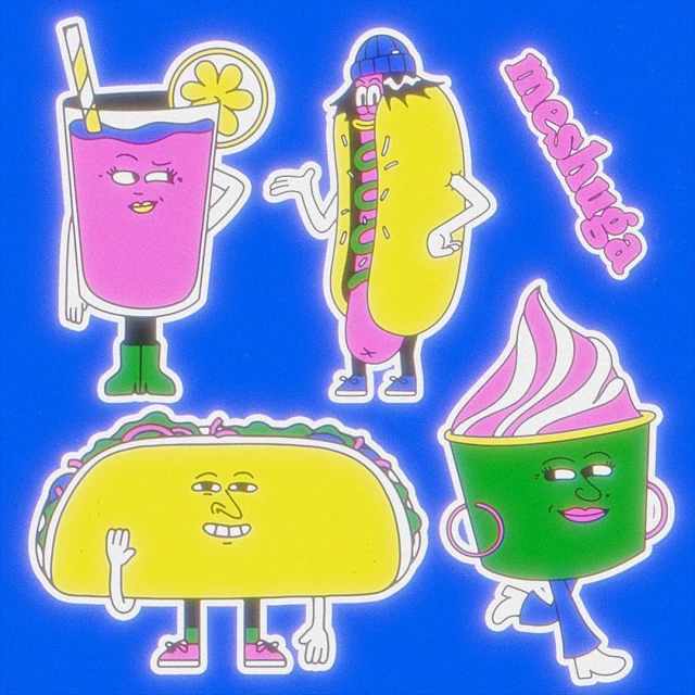 Quirky food character illustrations against a blue background: hot dog, taco, sundae, and drink with a slice of lemon.