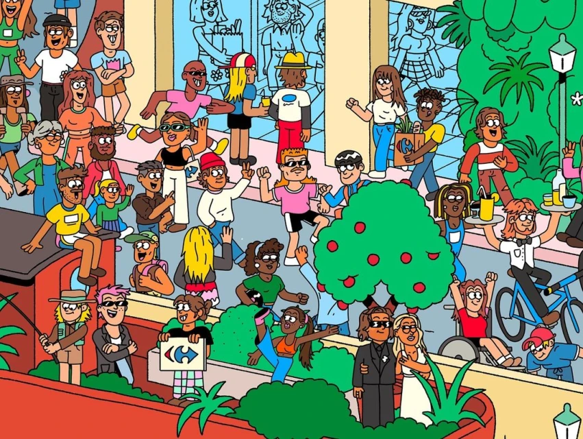 Cartoon illustration of a large diverse crowd of people of all ages outdoors on a city street with green plants and a red train.
