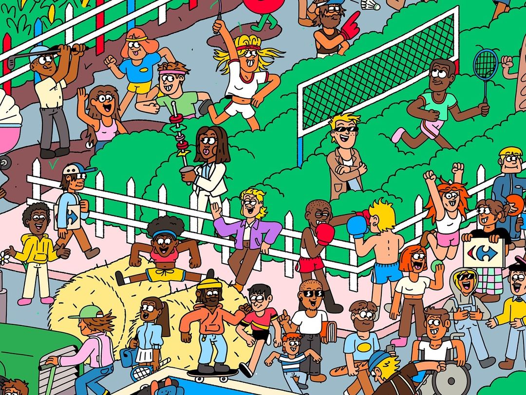 Cartoon illustration of a diverse group of adults and children participating in various sports and activities in a park-like setting.