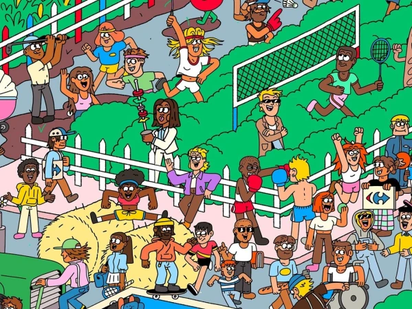 Cartoon illustration of a diverse group of adults and children participating in various sports and activities in a park-like setting.