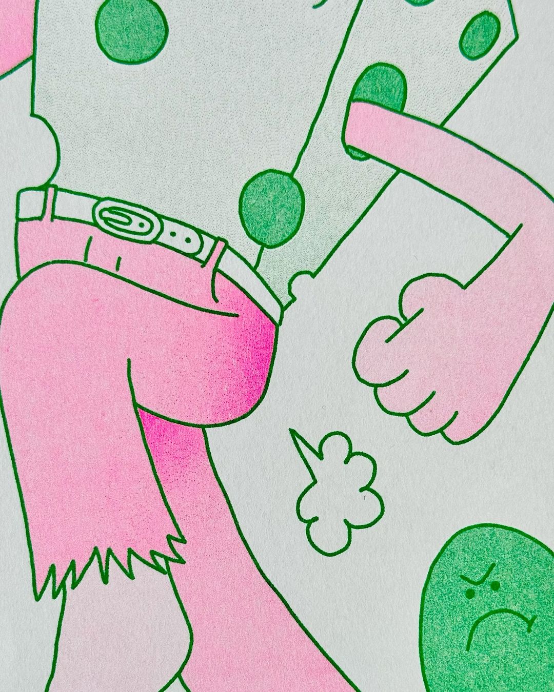 Whimsical illustration of a cartoon cheese character with pink legs, wearing a belt, and walking with an angry green oval character.