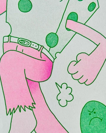 Whimsical illustration of a cartoon cheese character with pink legs, wearing a belt, and walking with an angry green oval character.
