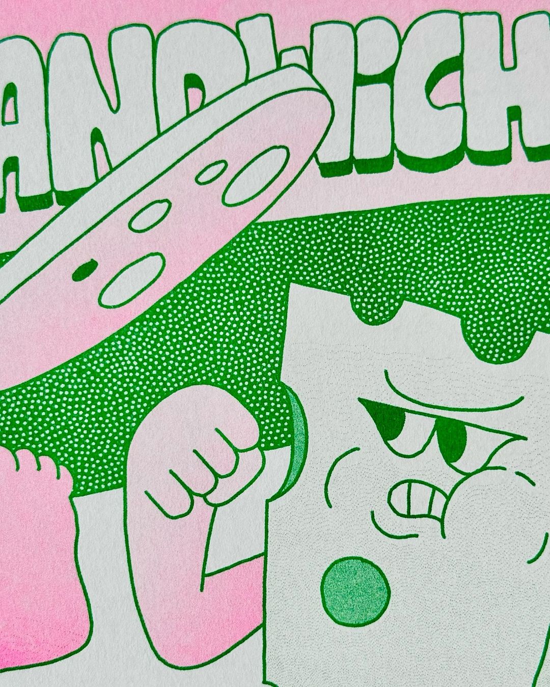 Graphic illustration of a cartoon sandwich character with an angry expression, set against a pink and green dotted background.