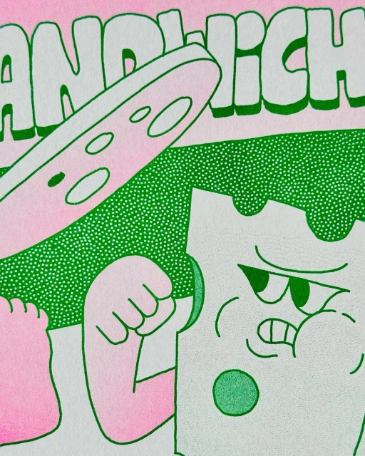 Graphic illustration of a cartoon sandwich character with an angry expression, set against a pink and green dotted background.