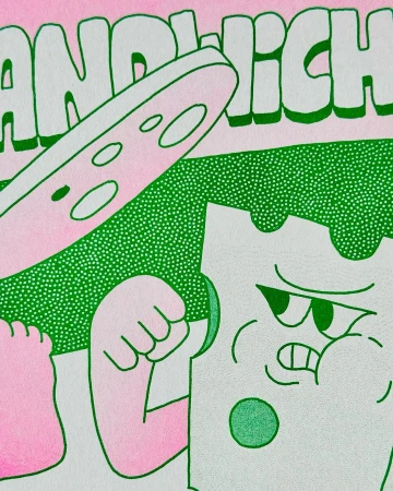 Graphic illustration of a cartoon sandwich character with an angry expression, set against a pink and green dotted background.