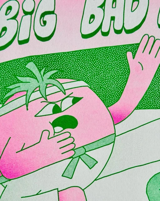 Cartoon image of a pink illustrated tomato wearing a karate gi and headband, in front of green and pink background with text.