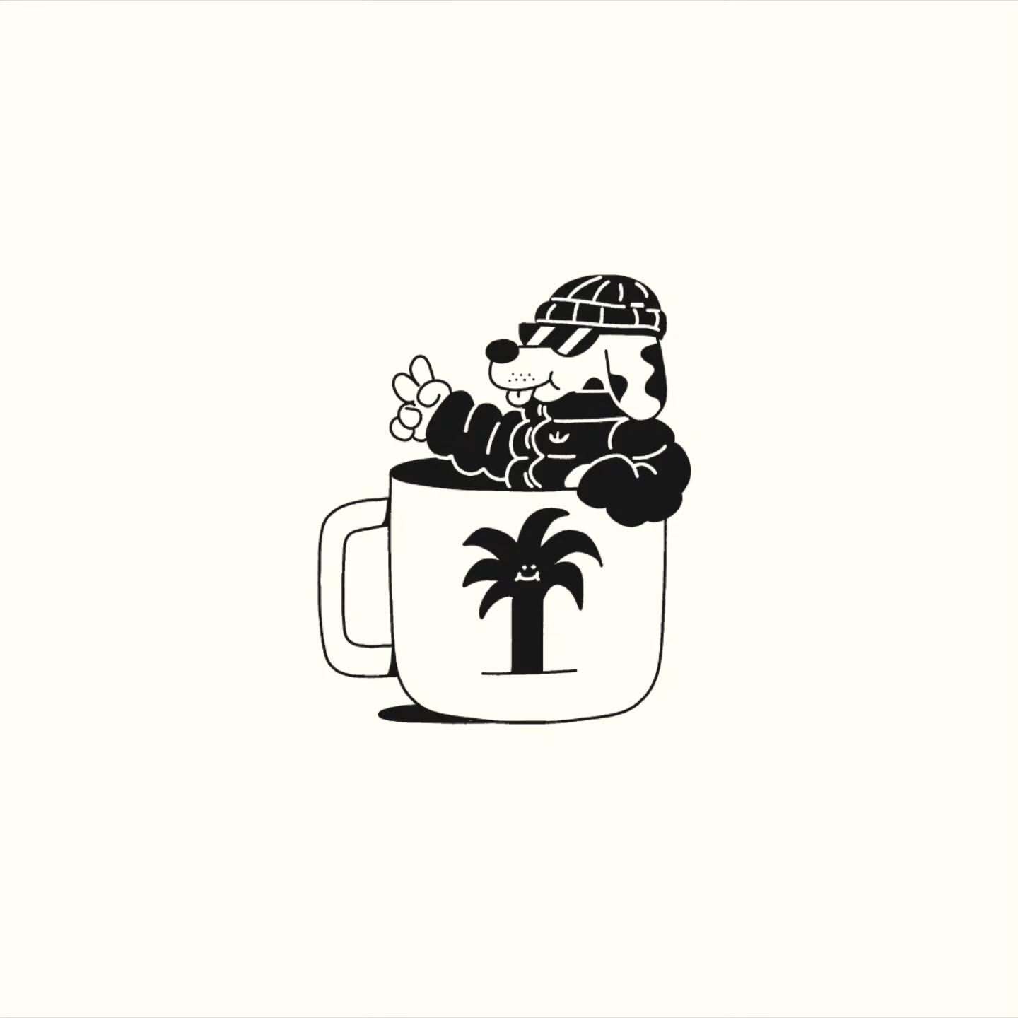 Illustration of a cartoon dog wearing a hat and sunglasses in a mug with a palm tree design on a white background.