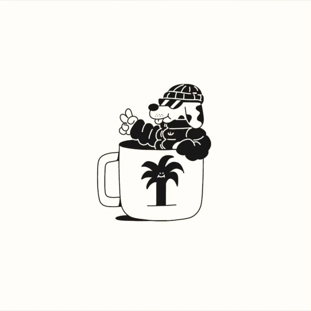 Illustration of a cartoon dog wearing a hat and sunglasses in a mug with a palm tree design on a white background.