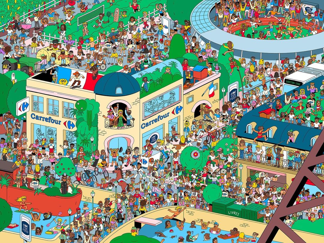 Illustration of a vibrant, densely populated urban scene with diverse activities, including sports, shopping, and recreation, rendered in a colorful, detailed style.