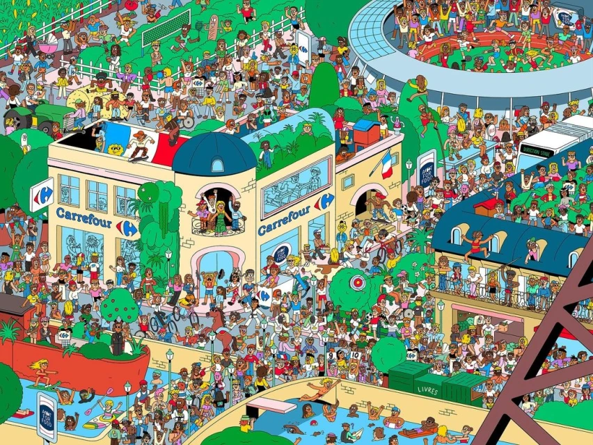 Illustration of a vibrant, densely populated urban scene with diverse activities, including sports, shopping, and recreation, rendered in a colorful, detailed style.