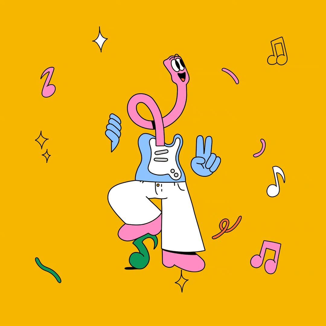 Cartoon-style animation of a musical character with a guitar-shaped body, making a peace sign, on a yellow background with musical notes.