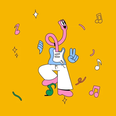 Cartoon-style animation of a musical character with a guitar-shaped body, making a peace sign, on a yellow background with musical notes.