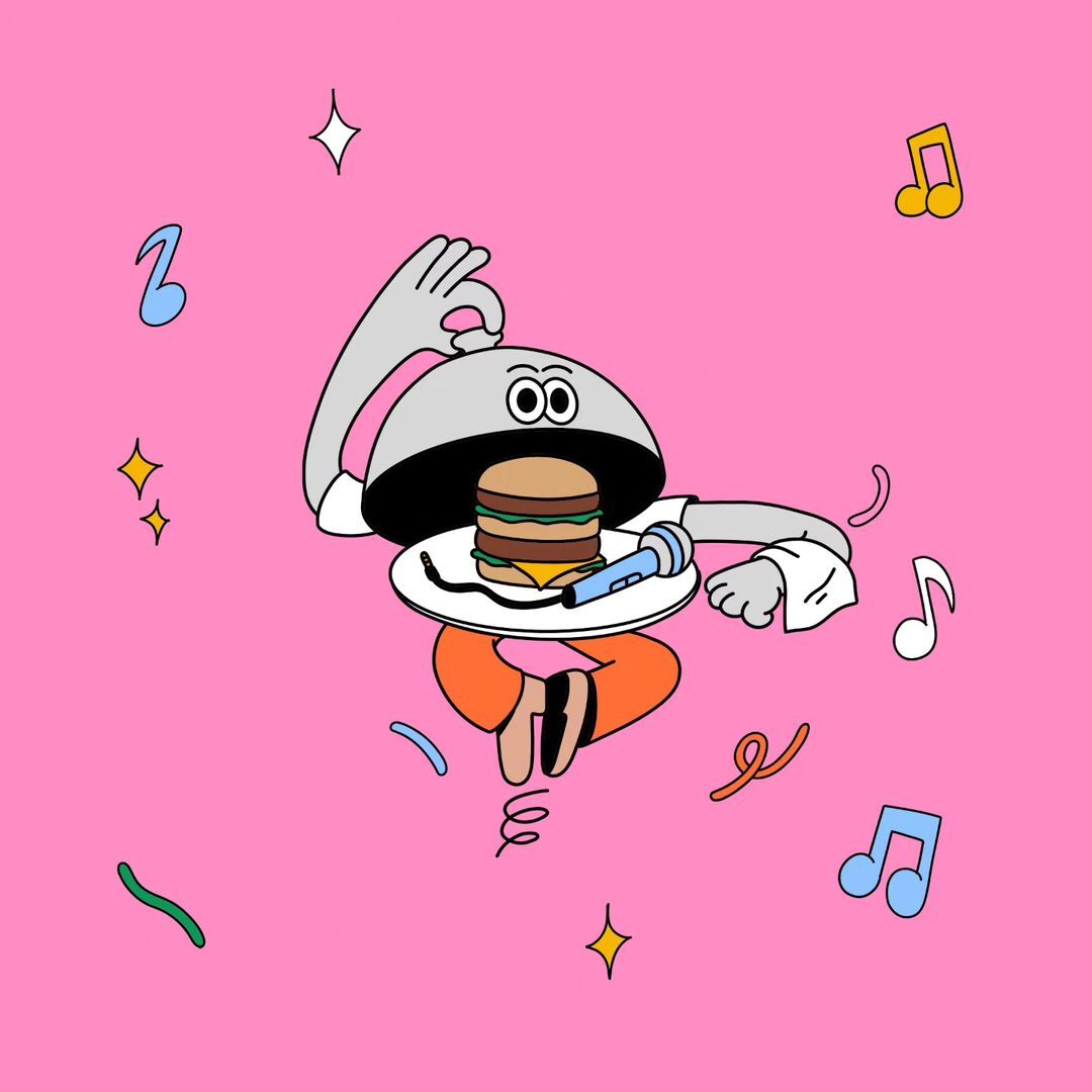 Cartoon-style animation features a burger with arms and legs standing on a plate with a microphone, set against a pink background.