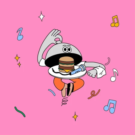 Cartoon-style animation features a burger with arms and legs standing on a plate with a microphone, set against a pink background.