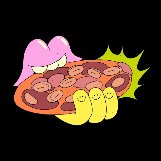 Illustration of pink lips eating a pizza with cartoon hands holding the pizza in front of a black background, digital art.