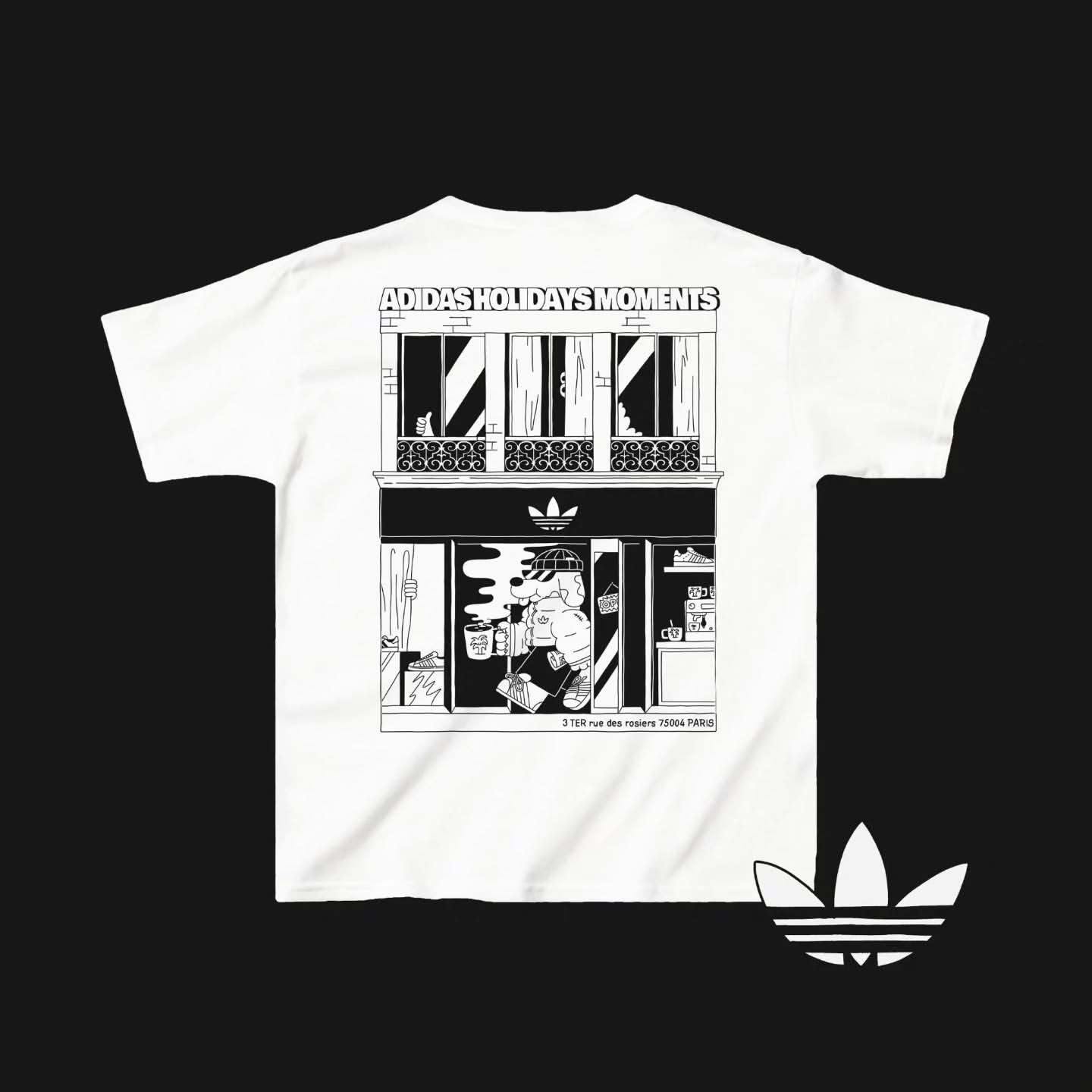 Adidas t-shirt featuring a black and white cartoon drawing of a building facade with a figure standing in front of it.