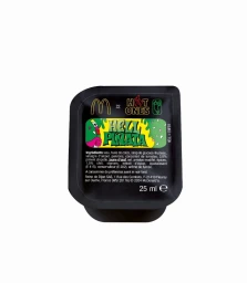 McDonalds Hot Ones Hell Pinata sauce dip pot with black lid and illustrated green character label