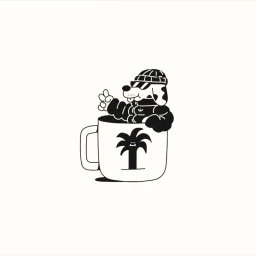 Black and white vector illustration of an animated dog wearing sunglasses and a beanie sitting inside a coffee mug.