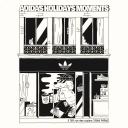 Black and white line art illustration of a storefront with an anthropomorphic dog character holding a mug by Alexandre Nart