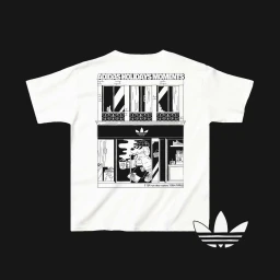White t-shirt featuring a black line art graphic illustration of a storefront and a character holding a bag by Alexandre Nart