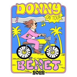 Illustration by Alexandre Nart of a man in a pink suit riding a motorcycle against a vibrant blue and yellow background