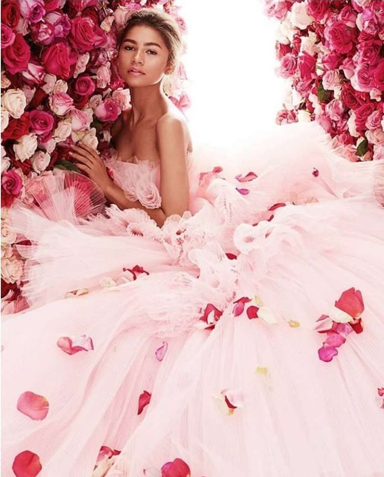 Zendaya poses in a pink tulle gown surrounded by pink and red roses in a beauty-style shot with soft, diffused lighting and a dreamy aesthetic.
