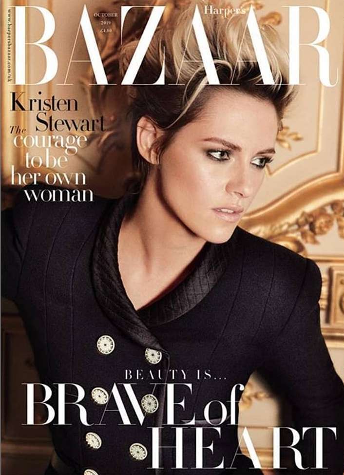 Harper's Bazaar magazine cover featuring Kristen Stewart in a black jacket and gold-accented background, October 2019 issue.
