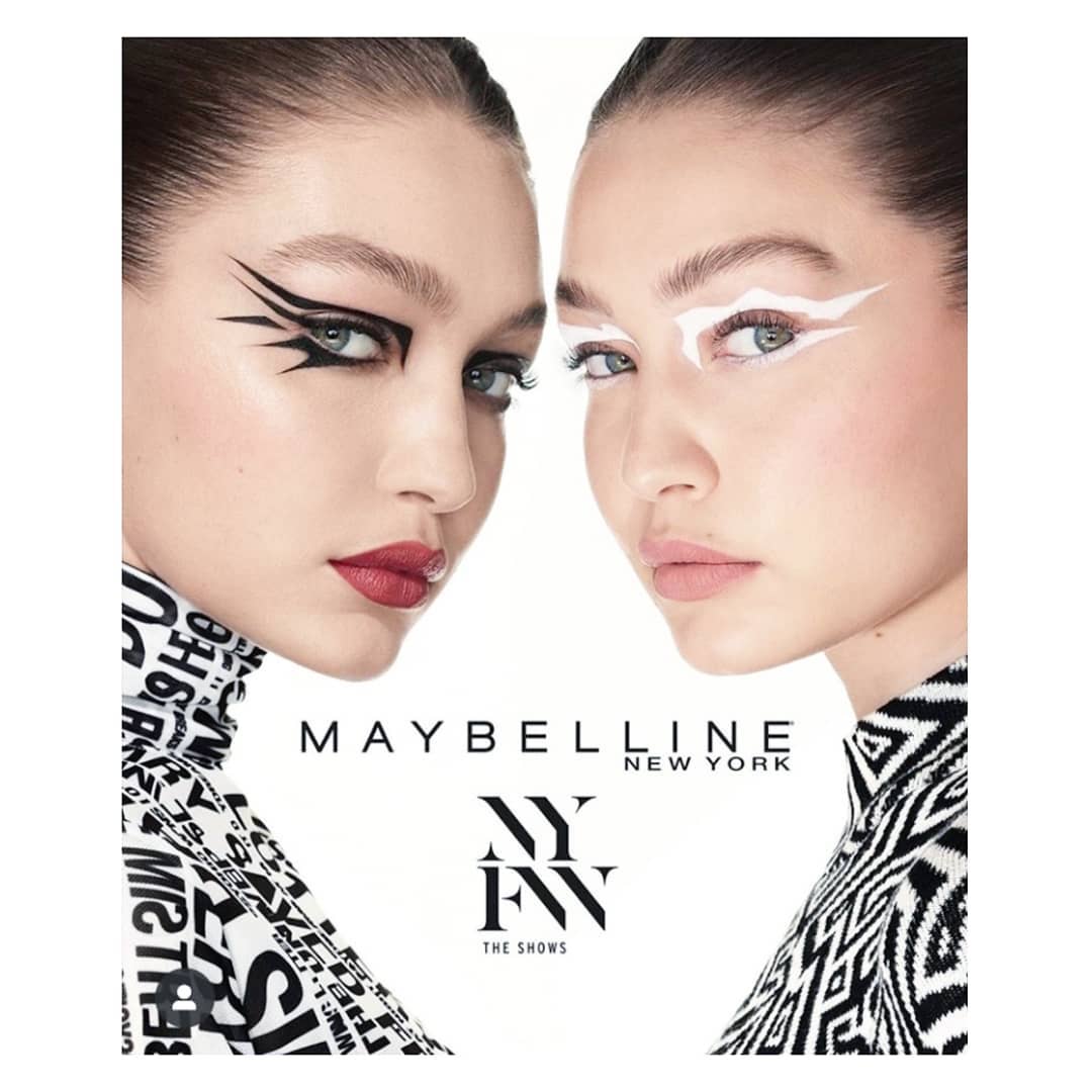 Cosmetics ad featuring two women side-by-side with artistic black and white eye makeup and black and white graphic print clothing.